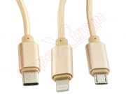 Cable de datos USB a micro USB, micro USB tipo C y Lightning, dorado